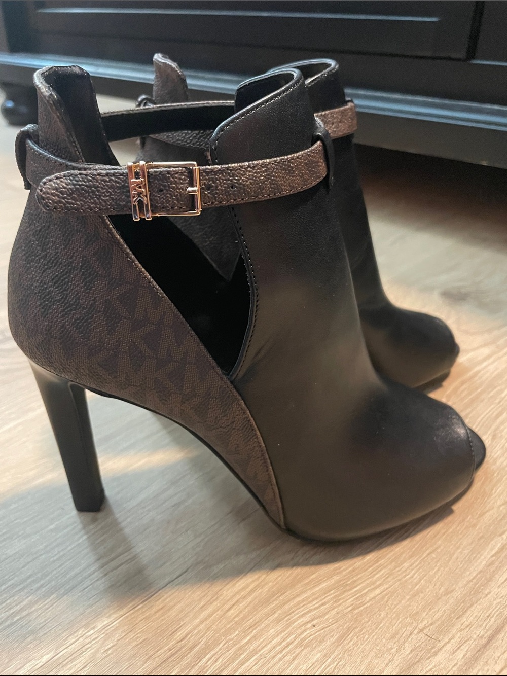Michael Kors Black & Brown Peep-Toe Ankle Booties with Logo Strap